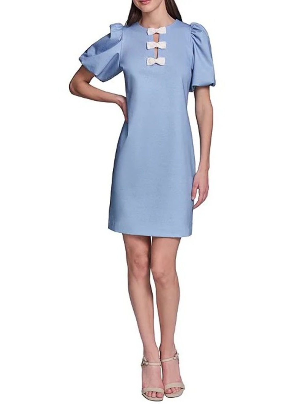 Karl Lagerfeld Powder Blue Puff-Sleeve Dress with Cream Bow Accents